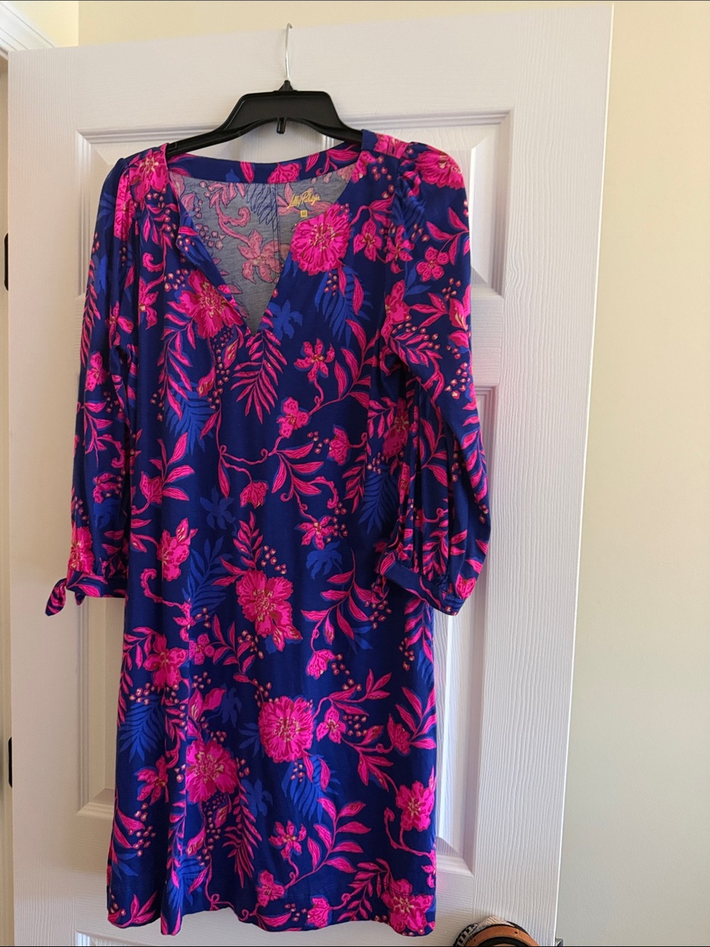Lilly Pulitzer Women's Navy Blue Floral Shift Dress with Pink Bloom Print